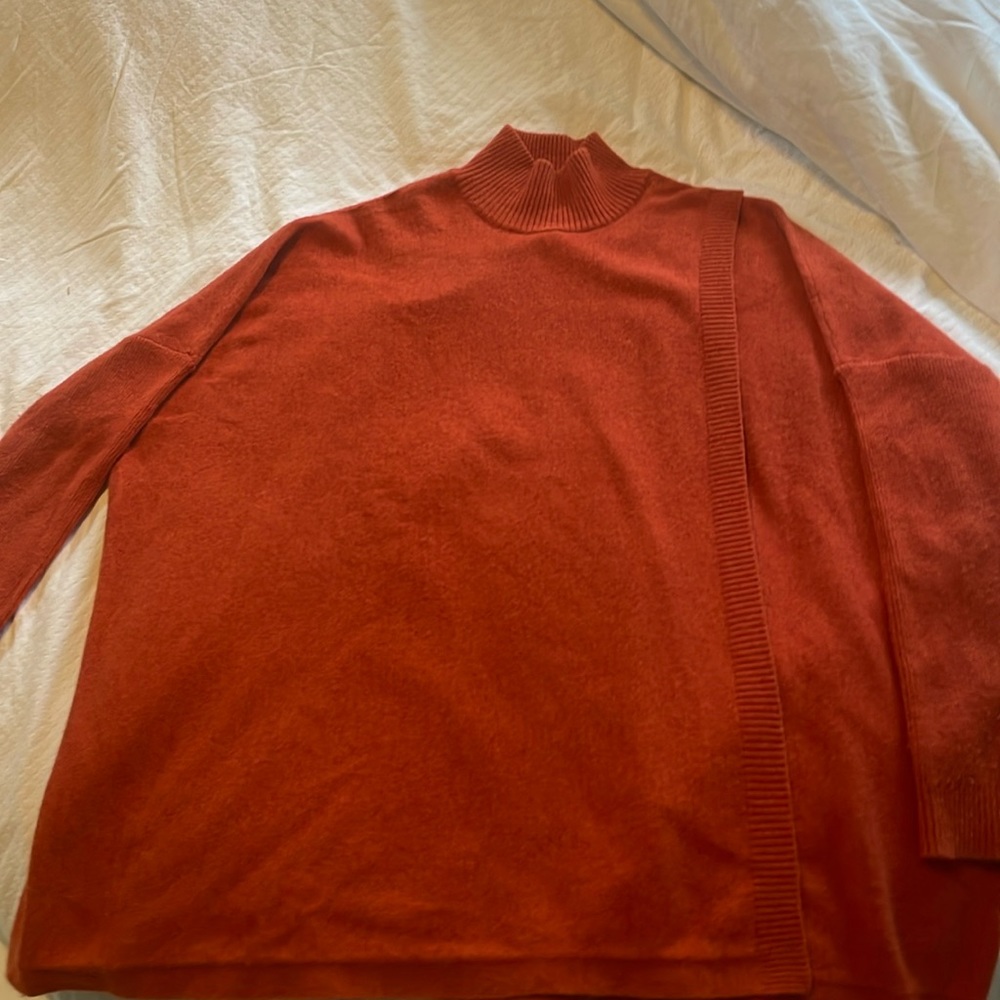 Garnet Hill cashmere moc sweater with overlapping front.